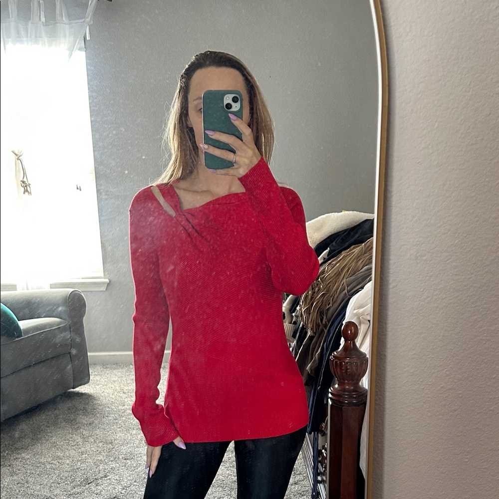 Cyrus Red Ribbed Knit Top with Asymmetrical Neck Strap